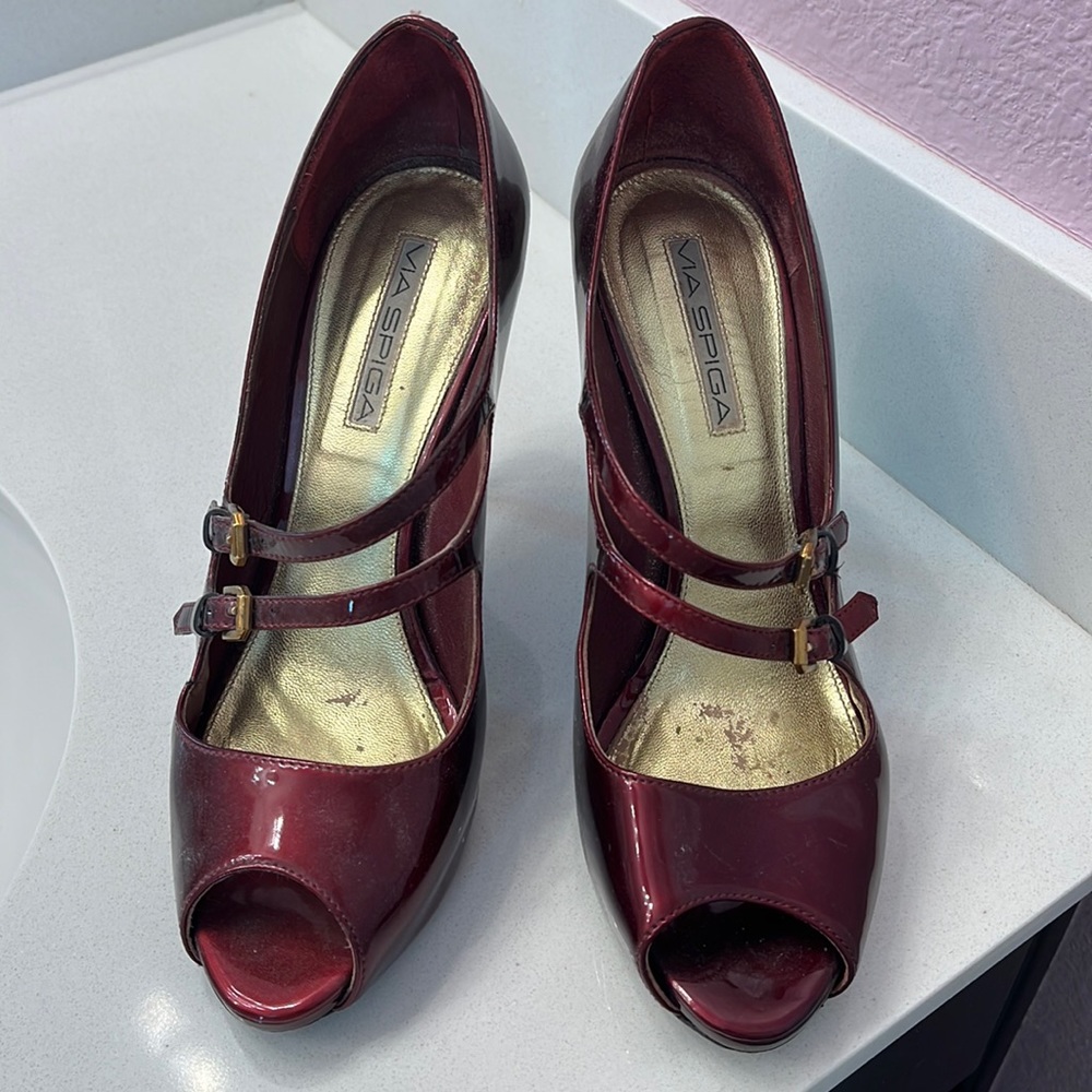 Via Spiga Dark ruby peep toe pump with strap detail. Size 8.